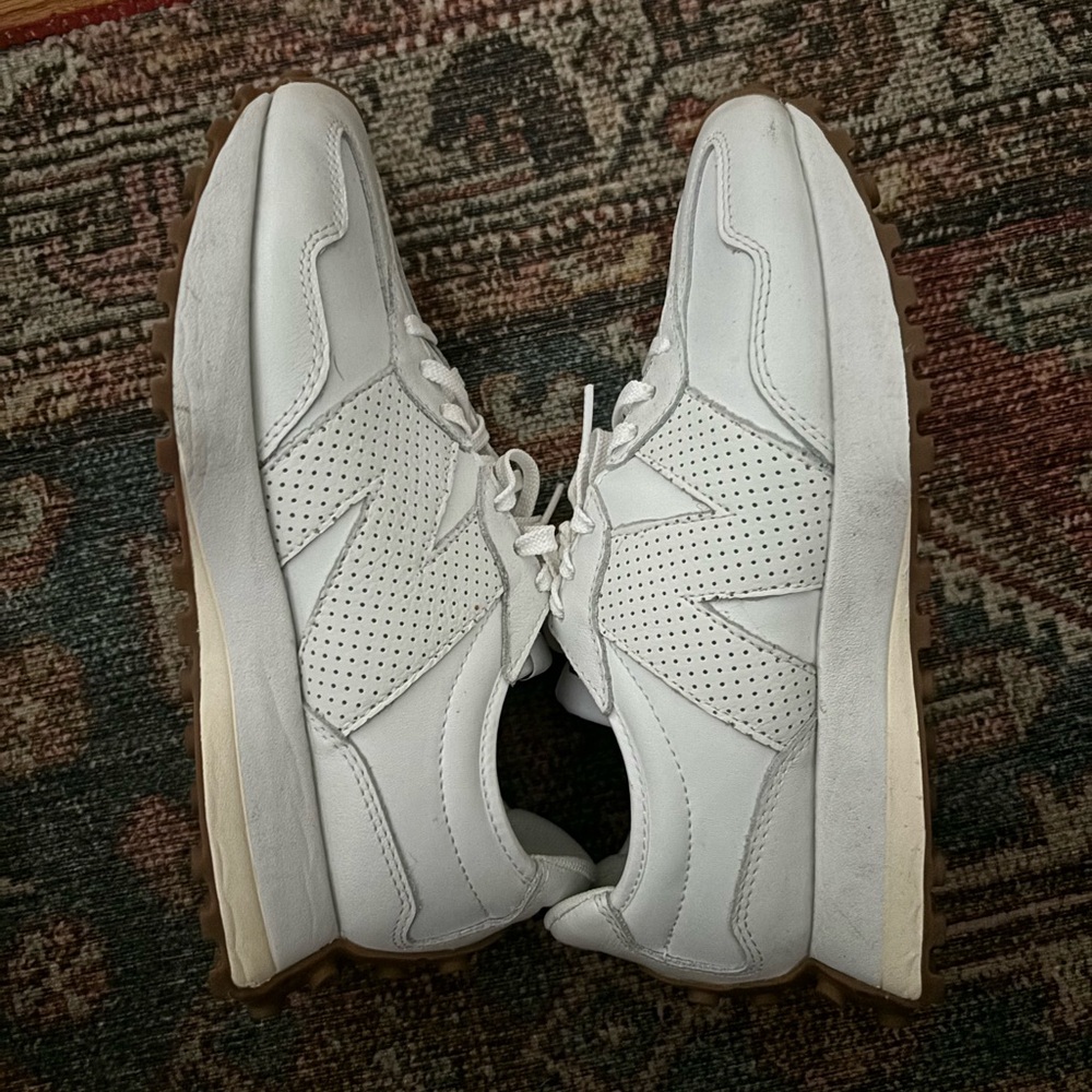 all white New Balance 327